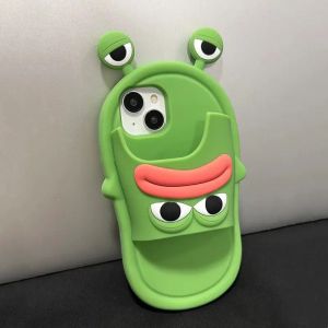 💗Internet celebrity trend+In stock+COD Korean Super Cute 3D Eyes Sausage Mouth Frog Slippers Silicone case for iPhone 11 12 13 14 15 Pro Max Fun creative cartoon cover