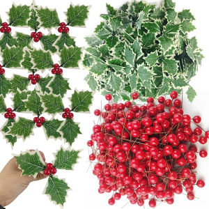 10Pcs Artificial Holly Berries Green Leaves for Christmas Decoration Fake Leaf for Home Decor Navidad New Year Gift Accessories