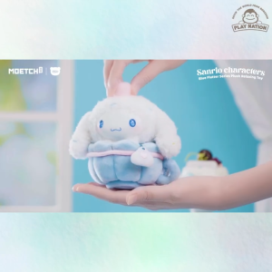 SANRIO characters Blue Flutter Series Plush Relaxing Toy with heart designs and bows in pastel blue and pink.