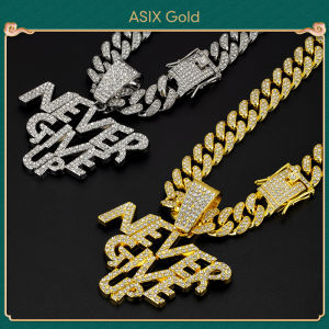 ASIX GOLD New Fashion NEVERGIVEUP Full Diamond Letter Pendant Cuban Chain Hip Hop Cool Guy Lucky Necklace 916 24K 18K Gold Plated Tarnish Free Waterproof Hypoallergenic Perfect Gift