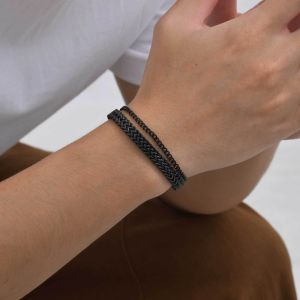 Kemstone Mens Black Stainless Steel Double Layer Chain Bracelet for Fashion Streetwear Style