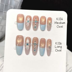 10 Bộ Móng Tay Giả Hình Oval Màu Nude Vàng Mắt Mèo Xanh Kiểu Pháp Đính Đá Hình Chữ Thập Dành Cho Nữ Làm Thủ Công
