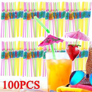 100Pcs Disposable Straws Rainbow Umbrella Fruit Straws Table Decoration Tropical Drinks for Cocktail Soft Drinks Hawaiian Party