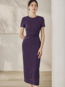Roey s house | Round Neck Striped Knit Dress with Puff and Waist Cinch