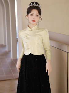 Elegant Chinese Style Cheongsam Dress Set Long Sleeve Evening Gown for Adults Art Exam Host Winter Formal Party Womens Clothing