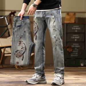 Quần Jeans Denim Nam Thêu Retro Quần Dài Ôm Vừa Vặn Kiểu Dáng Thẳng Thời Trang Thu Đông Quần Dài Cao Cấp