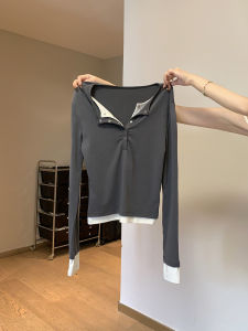 Korean Style Long Sleeve T-Shirt Women Early Spring Slim Fit Inner Wear Base Shirt Top Color Block Button Splice Cotton Knitted