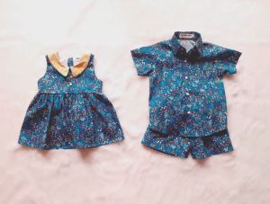 Neverland ชุดเด็กผู้หญิง & ชุดเด็กผู้ชาย ลายดอกสีเขียวอมน้ำเงิน ผ้า Cotton 100%