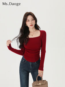 เสื้อถักคอเหลี่ยมสไตล์ฝรั่งเศส Pure Desire สำหรับผู้หญิง ฤดูใบไม้ผลิ 2025 ใหม่ แขนยาว สีชมพู ทรงสลิมฟิต เสื้อผ้าทำงาน