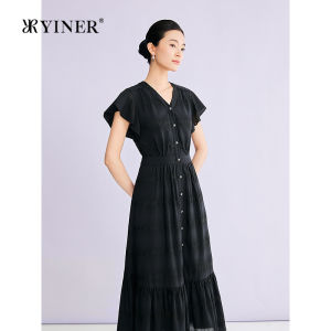 YINER | Đầm Lụa Tơ Tằm Elegante Cổ V Tay Voan