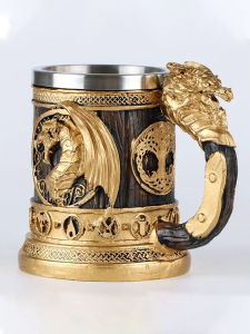 แก้วน้ำสแตนเลสลายมังกรปีกสีทองสไตล์เรโทร 1 ชิ้น แก้วเรซิ่นดีไซน์สร้างสรรค์ แก้วน้ำสำหรับฤดูร้อน แก้วกาแฟ ผู้ชาย ของขวัญวันพ่อ