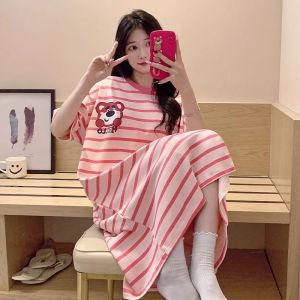 Pure Cotton Sleep Dress Womens Short Sleeve One-Piece Summer Autumn Strawberry Bear Print Home Clothes Comfortable Nightgown