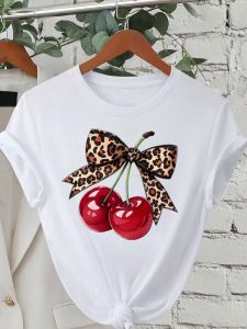 Fashion Cherry Print Women T-Shirt Short Sleeve Crew Neck Casual Tops for Summer Spring Womens Clothing Tops Tees