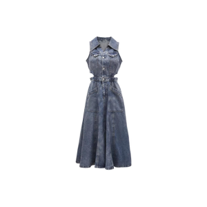 ชุดเดรสยาวปานกลางทรงเอคอวีแขนกุดผ้าเดนิมสไตล์สาวฮอตฤดูร้อนใหม่ ชุดเดรสผู้หญิงสุดเก๋ไก๋และหรูหรา