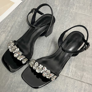 รองเท้าแตะส้นกลางสายเดี่ยวสีเปลือกสำหรับผู้หญิง ทรงหัวเหลี่ยม ดีไซน์เรียบง่าย สไตล์เกาหลี รองเท้าส้นสูงแบบสวมสบาย