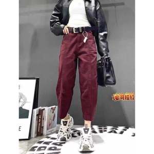 Quần Jeans Denim Harajuku Cạp Cao Cho Nữ Quần Ống Rộng Màu Đỏ Quần Ống Thẳng Phong Cách Đường Phố Mùa Thu Quần Thường Ngày
