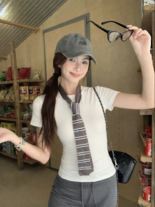 SHUOMENG | White Short Sleeve Womens T-shirt Slim Fit Summer Wear