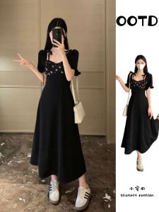 French Style Summer Shoe Lace Up Bubble Sleeve Midi Dress Plus Size Waist Tightening Design Slimming Effect