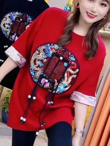New Chinese Style Embroidered Button Loose Womens T-shirt round Neck Color Block Short Sleeve Casual Fashion Spring 2026