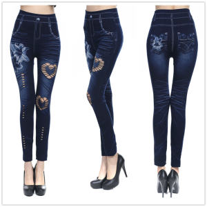 Quần Legging Denim Giả Họa Tiết Hoa Cotton Ôm Vừa Vặn Cho Nữ Quần Dài Đến Mắt Cá Chân Thường Ngày Mùa Xuân
