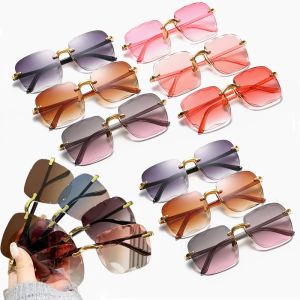 3PCS Square Rimless Sunglasses Women Luxury Brand Designer Summer Red Glasses Fashion Sun Glasses For Men UV400 Shades Oculos
