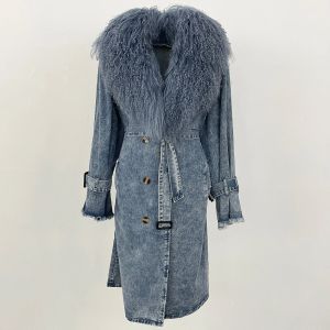 Áo Khoác Denim Dài Dáng Trench Coat Mùa Đông Có Cổ Lông Thú Mông Cổ Thời Trang Có Thể Tháo Rời Kiểu Dáng Đường Phố Cao Cấp Cài Khuy Đôi Dành Cho Nữ