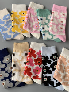 Trendy Colorful Floral Cotton Socks Womens Mid-Calf Happy Flower Artistic Lightweight Luxury Socks Summer Collection