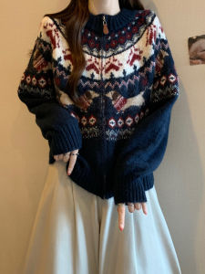 Christmas Motif Zipper Knit Cardigan Womens Oversize Sweater Lazy Style Outerwear Long Sleeve round Neck Thickened Winter Coat