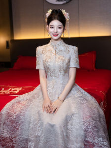 Champagne Lace Wedding Dress New Chinese Style Bridal Gown Evening Dress Improved Cheongsam Skirt Women Luxury Fashion