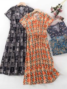 Váy Midi Cotton Lụa in Họa Tiết Mới Mùa Hè Cỡ Lớn Rộng Rãi Eo Thon Gọn Thời Trang Váy Chữ a Cổ Đứng Tay Ngắn