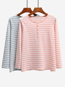 เสื้อยืดคอกลมแขนยาวลายทางผ้าฝ้ายแท้สำหรับผู้หญิง ฤดูใบไม้ร่วง/ฤดูหนาว ทรงหลวม ไซส์ใหญ่ เสื้อชั้นใน เสื้อผ้าใส่อยู่บ้าน เสื้อผ้าใส่ไปกลางแจ้ง