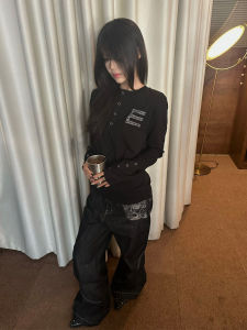 Áo Thun Dài Tay Ôm Vừa Vặn Cổ Henry Y2K Áo Thun Nữ Đầu Thu Mới Áo Thun Cotton Phong Cách Đường Phố Thường Ngày