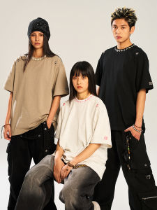 Retro Ethnic Geometric Necklace Short Sleeve T-Shirt Youth Fashion Summer Cotton round Neck Basic Style Versatile Loose Fit