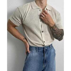 Young Silm Knitting Polo Shirt Mens K-style Tough Guy Fitness Cardigan Turn-down Collar Blue Short Sleeve T-Shirt Thin Summer