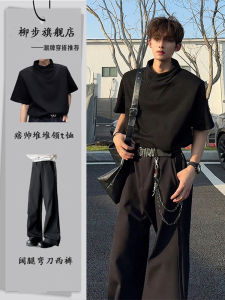 American Style Stack Short Sleeve T-Shirt High Collar Mens Set Summer Cool Fashionable Clothing Set Knife Edge Pants
