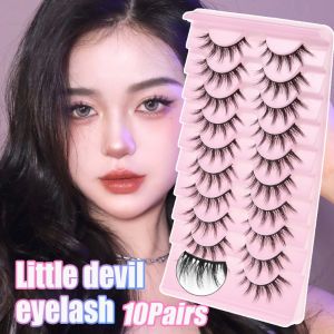 10Pairs Anime Eyelashes Natural False Eyelashes 3D Soft Little Devil Eyelashes Cat Eye Doll Fake Eyelashes Thick Wispy Asian Japanese Style Makeup Lashes