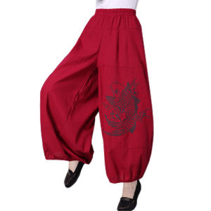 New Chinese Style Loose Large Size Embroidered Wide Leg Pants Spring Summer Ethnic Cotton Linen Casual Lantern Pants Elastic Waist Women Long Trousers