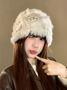 Rabbit Fur Hat Female Fall and Winter K-style Face-Looking Small Knitted Woolen Bucket Hat Big Head Circumference White Warm Plush Bonnet