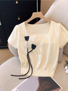 Elegant 3D Floral Short Sleeve Knitted Shirt Womens Slim Fit Summer New Style Small Fragrance Style Versatile Short Length Top