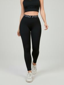 Womens Yoga Fitness Leggings with Letter Waistband and Side Pockets Slim-Fit Long Pants for Outdoor Sports and Training.