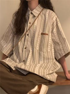 Cityboy Summer New Retro Design Short Sleeve Striped Casual Loose Mens Shirt Fashionable Polyester Fiber All Seasons Wear