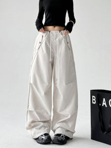 Womens Autumn Winter Workwear Pants High Street Style White Paratrooper Wide Leg Casual Long Trousers American Drawstring