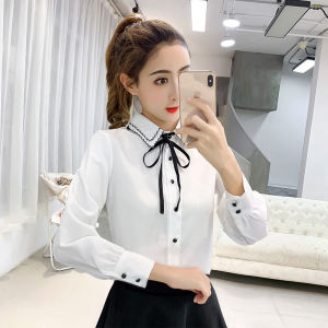 เสื้อเชิ้ตผ้าชีฟองสีขาวแขนยาวหลวมๆ สไตล์เกาหลีสำหรับผู้หญิง ฤดูใบไม้ผลิและฤดูใบไม้ร่วง เสื้อเชิ้ตผู้หญิงแบบพื้นฐานที่สวมใส่ได้หลากหลาย