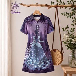 Disney | Womens Disney Princess Print Polo Collar Mini Dress Short Sleeve New Casual A-line Beach Clothes Summer Dresses for Woman Anime
