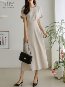 BAILUOANN | Bailuan A-Line Short-Sleeve Dress Womens Summer New Round Neck Belted Knee-Length Split Long Skirt City Commute Simple Style
