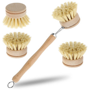 Kitchen Dish Brush Long Handle Wooden Brush with 4 Replacement Brush Heads Household Kitchen Cleaning Tool for Pans Pots Bowl