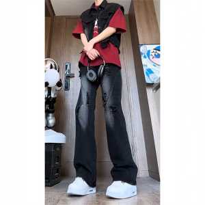 Black Hole Ripped Jeans Mens Slimming Long Pants American High Street Style Leg Lengthening Design Straight Leg Jeans