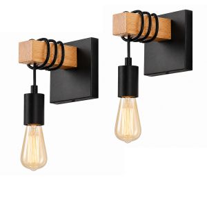 JOYINLED Nordic Vintage Wall Lamp E27 Iron Wood Wall Sconce Retro Indoor Light for Bedroom Bedside Hallway Corridor Loft 1/2PCS