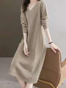 เสื้อสเวตเตอร์ถักคอวีทรงหลวมยาวปานกลาง สไตล์เกาหลี ผ้าฝ้ายผสมโพลีเอสเตอร์ แขนยาว ปกติ ฤดูใบไม้ร่วง 2024