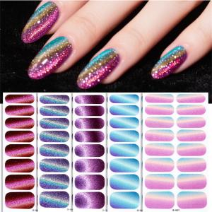 Gradient Cat Eye สไตล์สติกเกอร์เล็บชุด 16 ชิ้น Self-Adhesive กันน้ํา Glitter เล็บปลอม Decals